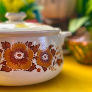 Vintage Brown Floral Porcelain Enamel Bakeware
